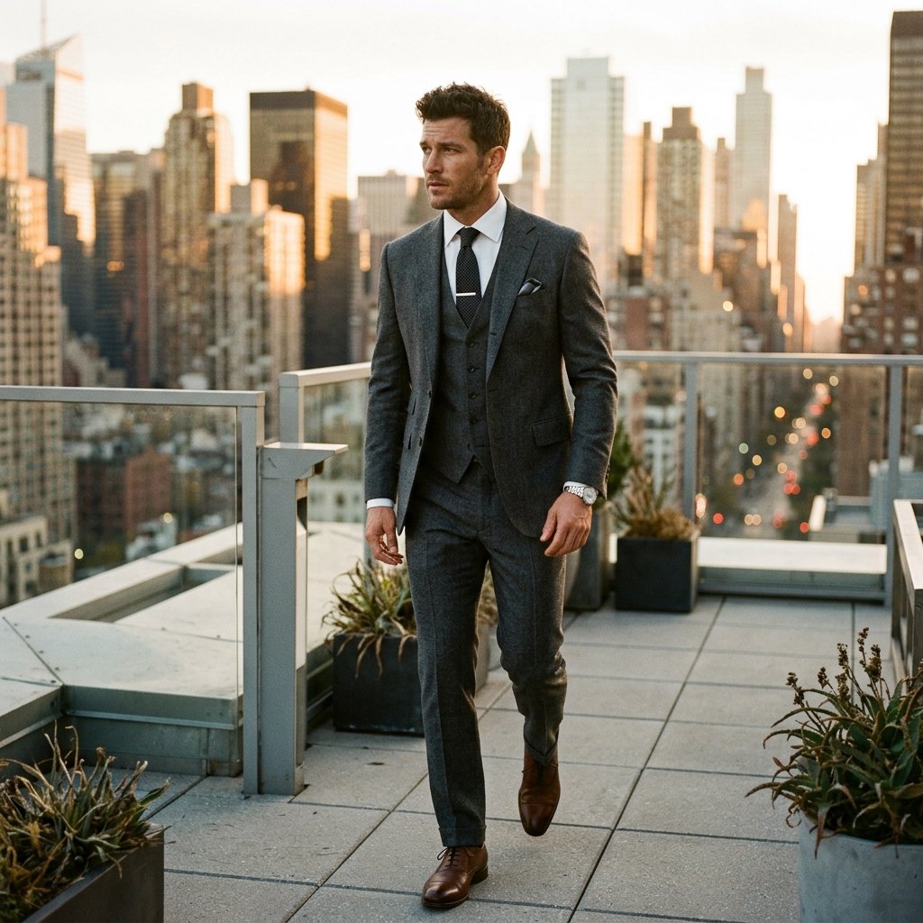 A man in a suit on a rooftop terrace