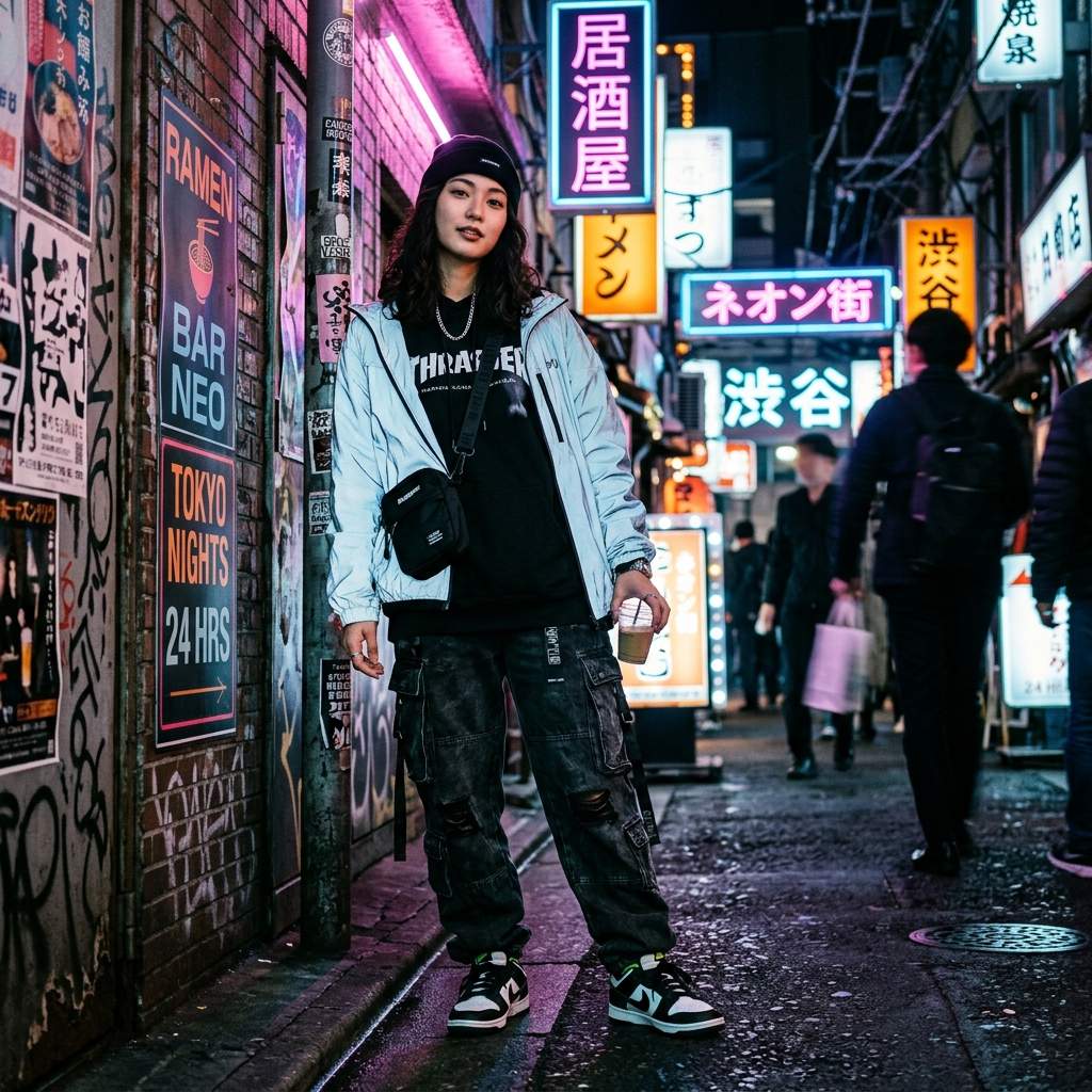 A woman in a neon-lit street at night