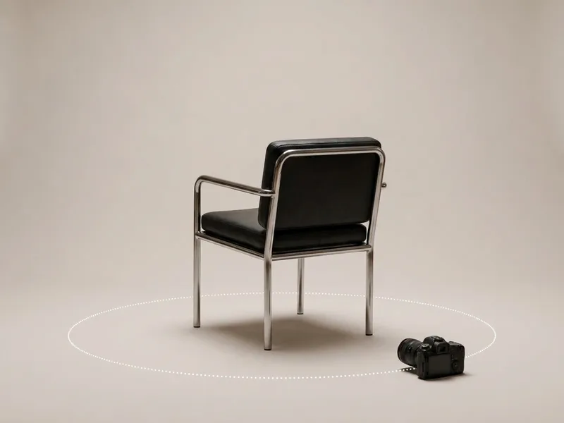 The chair seen from behind, with the camera's orbit drawn around it